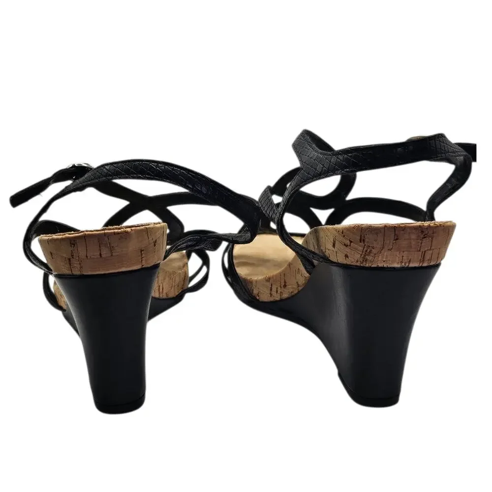 Kelly & Katie Black Plushin Strappy Cork Preppy Comfort Wedge Sandal